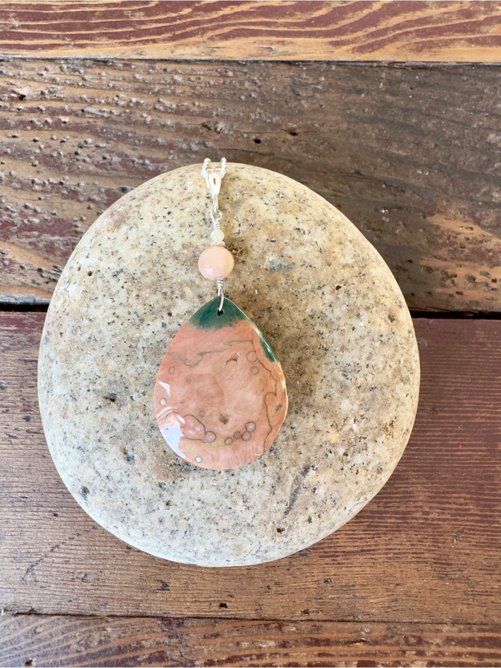 Hand Crafted Peach and Forest Green Ocean Jasper Teardrop Necklace